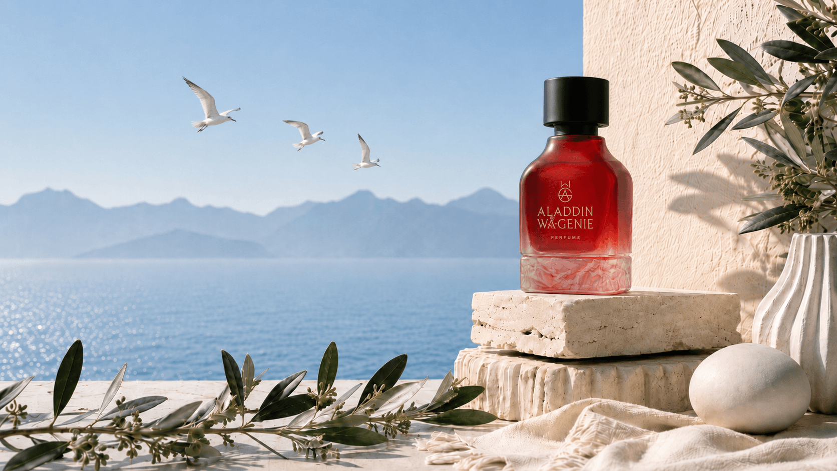 Legacy perfume overlooking a calm blue sea, framed by olive branches and warm stone