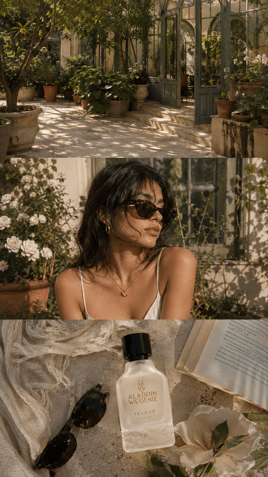 A sunlit garden, a woman in warm light and Velour perfume arranged with flowers