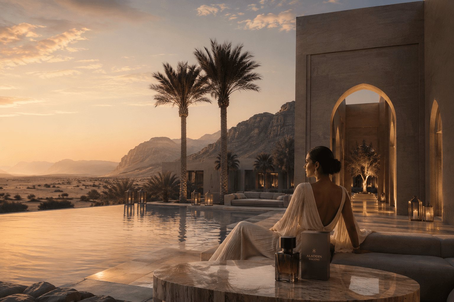A woman beside Aladdin Wa·Genie perfume at a desert retreat in golden evening light