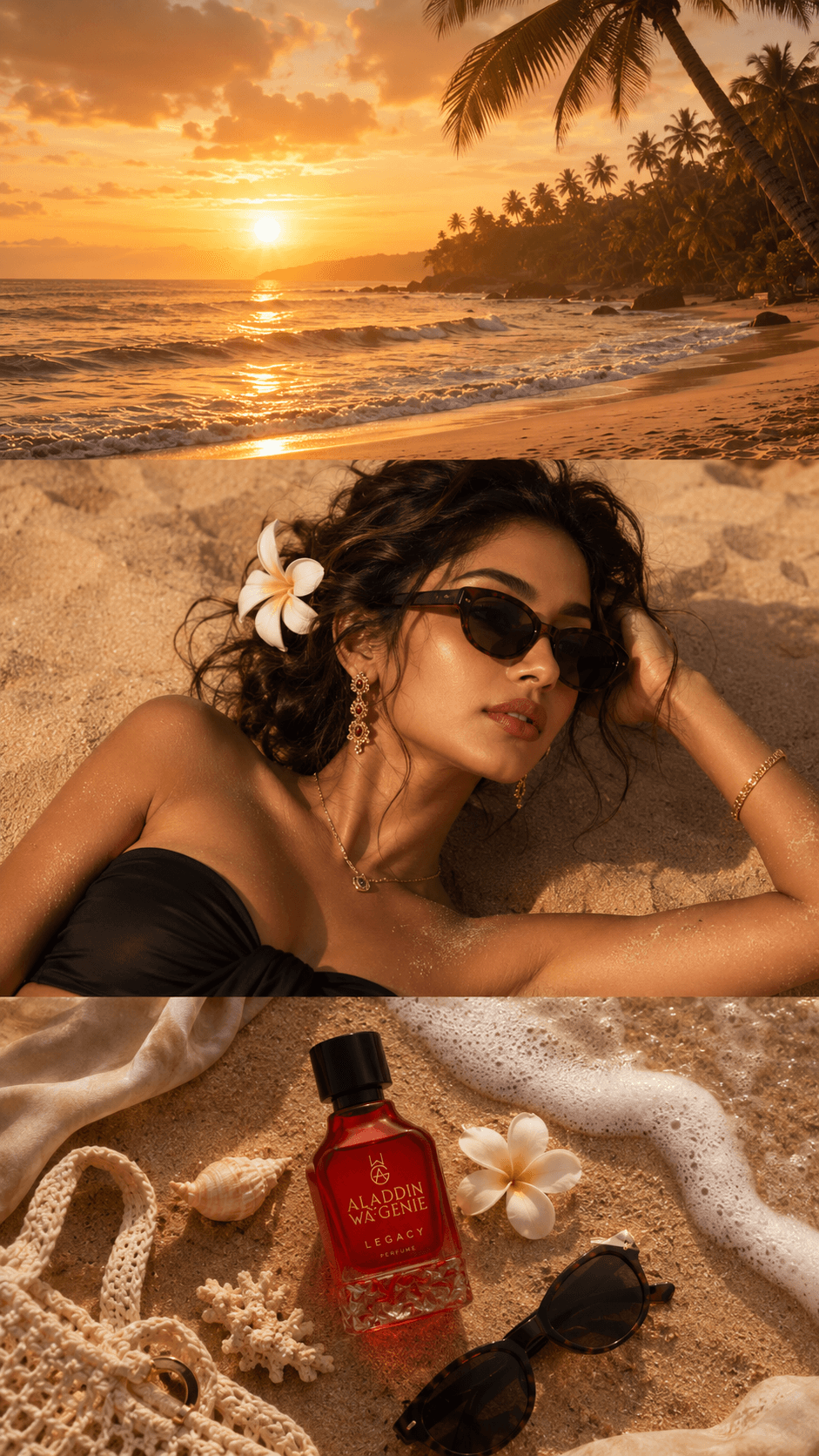 A sunset journey ending with Legacy perfume presented beside the sea
